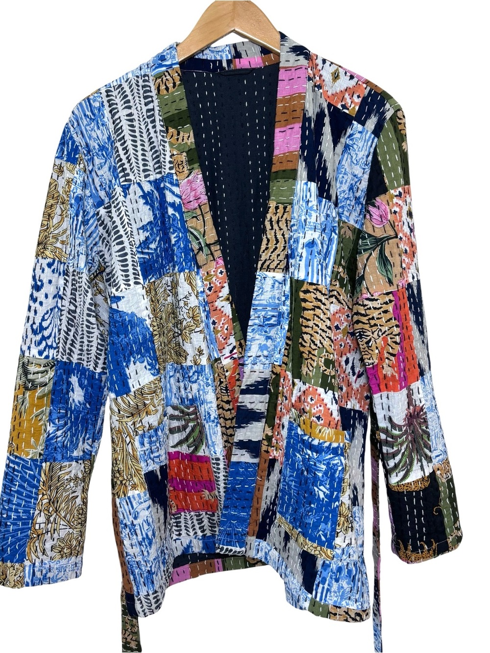 Handmade Kantha Patchwork Tie Waist Jacket Size Medium (Estimated) - Picture 5 of 9